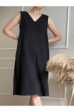Siyah V Yaka Keten Elbise