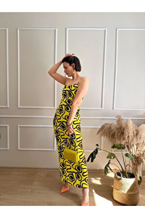 Lime Kahverengi Geometrik Desenli Sırtı Açık Arkadan Yırtmaçlı Askılı Elbise