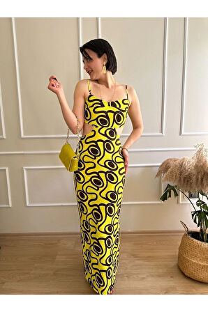 Lime Kahverengi Geometrik Desenli Sırtı Açık Arkadan Yırtmaçlı Askılı Elbise