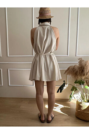 Taş Rengi Reglan Kol Bebe Yaka Önü Düğmeli Mini Elbise