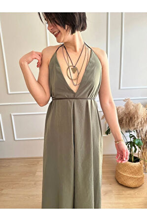 Çok Derin Dekolteli Deri Kordonlu Asimetrik Boy Elbise