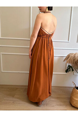 Çok Derin Dekolteli Deri Kordonlu Asimetrik Boy Elbise