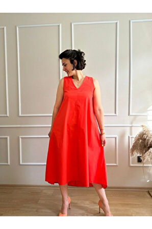 Narçiçeği V Yaka Volanlı  Poplin Uzun Elbise