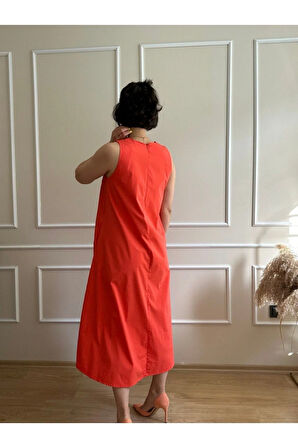 Narçiçeği V Yaka Volanlı  Poplin Uzun Elbise