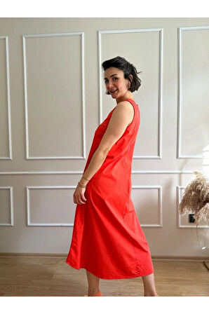 Narçiçeği V Yaka Volanlı  Poplin Uzun Elbise