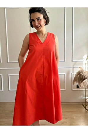 Narçiçeği V Yaka Volanlı  Poplin Uzun Elbise