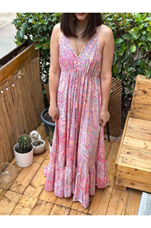 Kadın Çok Renkli Sırt Dekolteli Göğüsten Ayarlanabilen İnce Askılı Uzun Yazlık Elbise