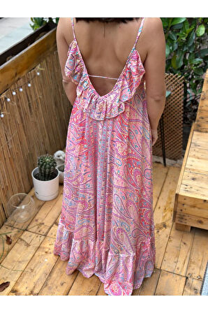 Kadın Çok Renkli Sırt Dekolteli Göğüsten Ayarlanabilen İnce Askılı Uzun Yazlık Elbise