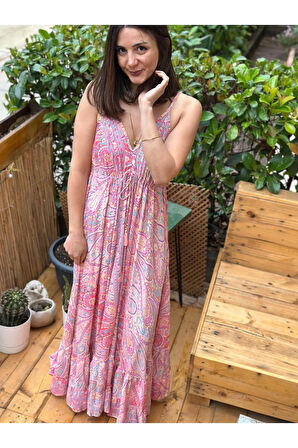 Kadın Çok Renkli Sırt Dekolteli Göğüsten Ayarlanabilen İnce Askılı Uzun Yazlık Elbise