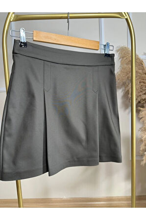 Haki Yandan Gizli Fermuarlı Pile Detaylı Mini Etek