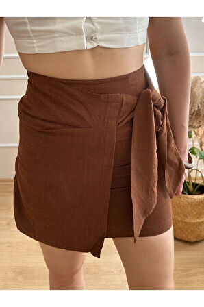 Kahverengi Keten Bağlamalı Anvelop Mini Etek
