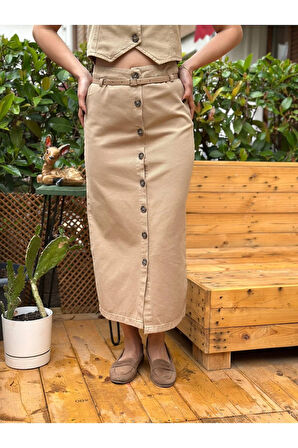 Kadın Kot Kumaş Önü Düğmeli Kemer Detaylı Midi Etek