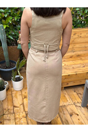 Kadın Kot Kumaş Önü Düğmeli Kemer Detaylı Midi Etek