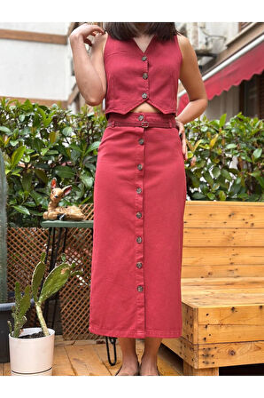 Kadın Kot Kumaş Önü Düğmeli Kemer Detaylı Midi Etek