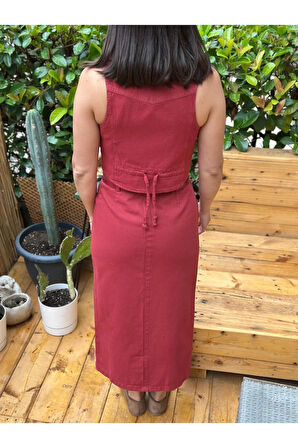 Kadın Kot Kumaş Önü Düğmeli Kemer Detaylı Midi Etek