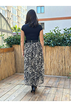 Kadın Leopar Desenli Kemerli Midi Kraslı Etek