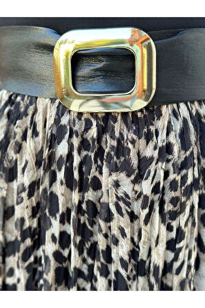 Kadın Leopar Desenli Kemerli Midi Kraslı Etek