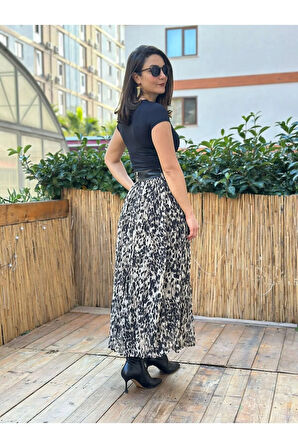 Kadın Leopar Desenli Kemerli Midi Kraslı Etek