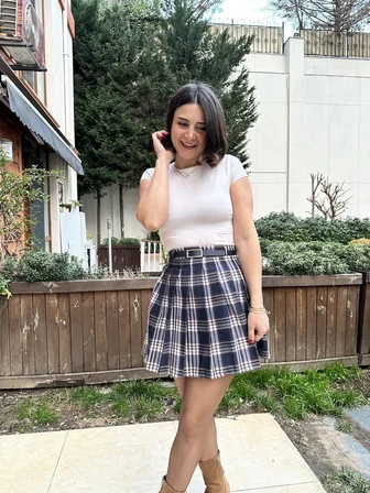 Kadın Lacivert Ekoseli Kendinden Kemerli ve Pileli Mini Etek
