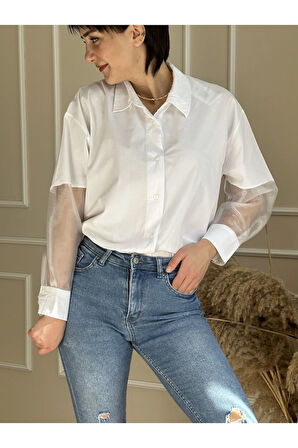 Beyaz Gömlek Yaka Balon Kol Kolları Tüllü Oversize Gömlek