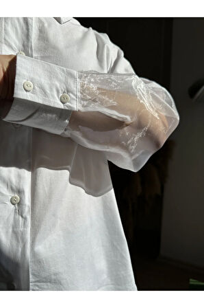 Beyaz Gömlek Yaka Balon Kol Kolları Tüllü Oversize Gömlek