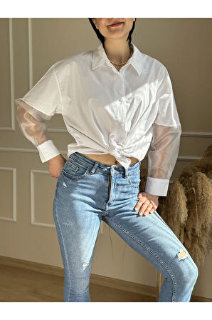 Beyaz Gömlek Yaka Balon Kol Kolları Tüllü Oversize Gömlek