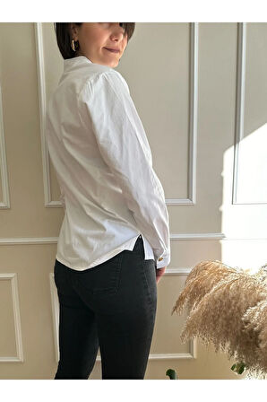Beyaz Kruvaze Bağcık Detaylı Poplin Gömlek
