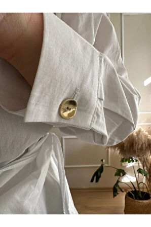 Beyaz Kruvaze Bağcık Detaylı Poplin Gömlek