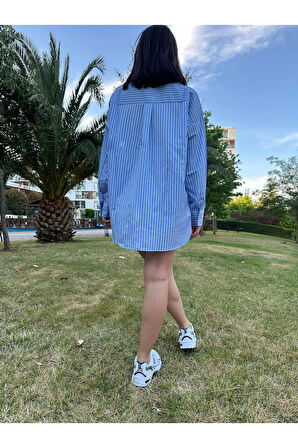 Mavi Üstüne Beyaz Çizgili Pamuklu Oversize Gömlek