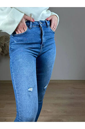 Lacivert Yüksek Bel Küçük Lazerli Skinny Jean