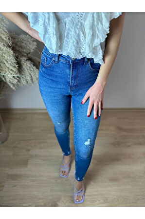 Lacivert Yüksek Bel Küçük Lazerli Skinny Jean