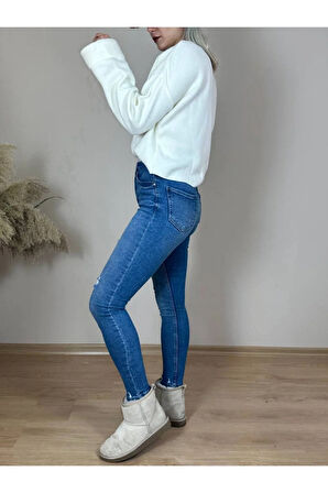 Lacivert Yüksek Bel Küçük Lazerli Skinny Jean