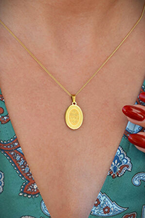 Nazar Dualı Kolye Gold Plaka Oval Nazar Kolye