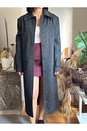 Kadın Gri Yırtmaçsız Dikey Çizgili Uzun Kaban