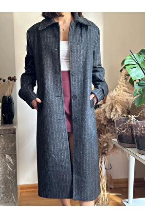 Kadın Gri Yırtmaçsız Dikey Çizgili Uzun Kaban