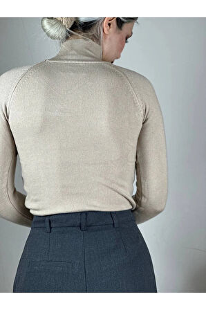 Bej Pencereli Balıkçı Triko Kazak