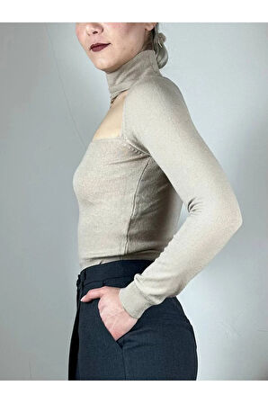 Bej Pencereli Balıkçı Triko Kazak