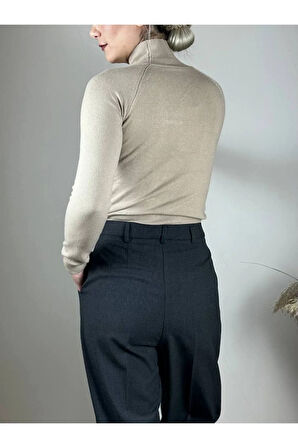 Bej Pencereli Balıkçı Triko Kazak