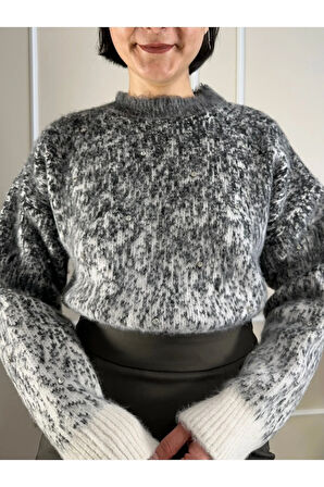 Antrasit-Krem Şardonlu ve Taşlı Bisiklet Yaka Kazak