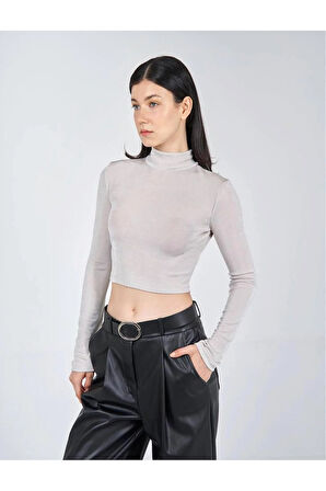 Gri Yüksek Yaka Likralı Triko