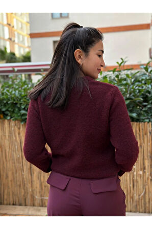 Kadın Bordo Uzun Kollu Önü Fularlı Triko Kazak