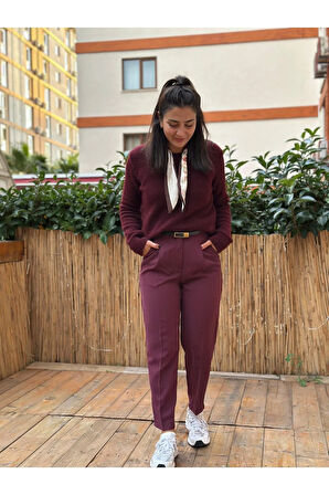 Kadın Bordo Uzun Kollu Önü Fularlı Triko Kazak