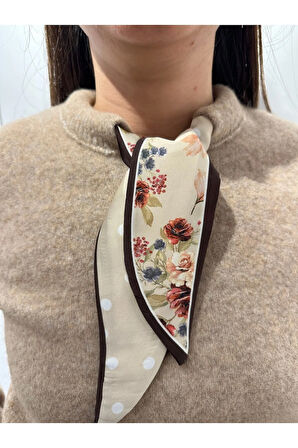 Kadın Taş Rengi Uzun Kollu Önü Fularlı Triko Kazak