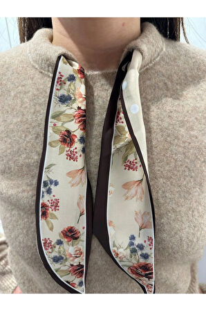 Kadın Taş Rengi Uzun Kollu Önü Fularlı Triko Kazak