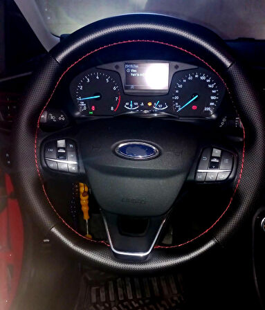 DİKİŞLİ DİREKSİYON KILIFI NOKTALI DERİ MİNİKARE KARBON DERİ KIRMIZI DİKİŞLİ F.OR.D PUMA İÇİN