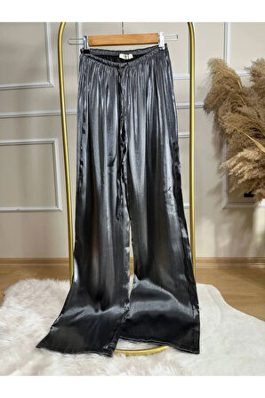 Gri Beli Bağcıklı Parlak Bol Paça Pantolon