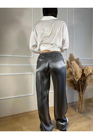 Gri Beli Bağcıklı Parlak Bol Paça Pantolon