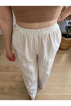 Bej Beli Lastikli İç Gösteren Çok Geniş Paça Gofre Pantolon