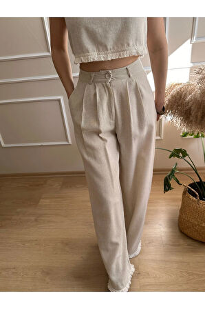Bej Paçası Tüylü Bol Paça Pantolon
