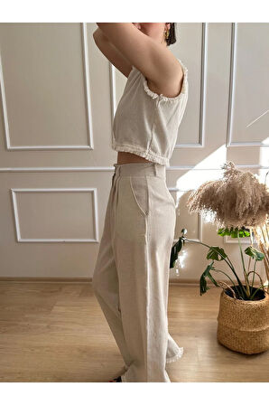Bej Paçası Tüylü Bol Paça Pantolon